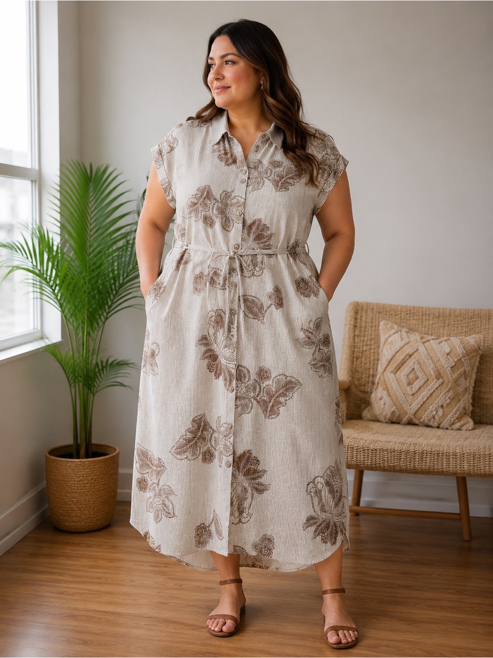 Mlle Gabrielle Beige Floral Midi Shirt Dress - Picture 1 of 1